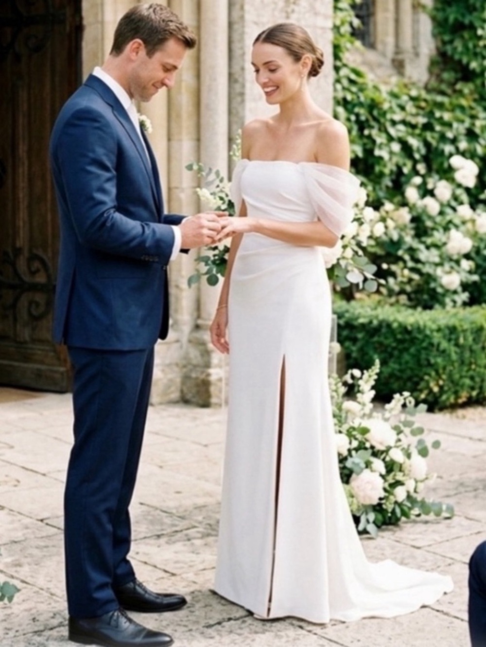 New Lulus White Crepe Column Square Neck Fitted Wedding Gown Sz Medium